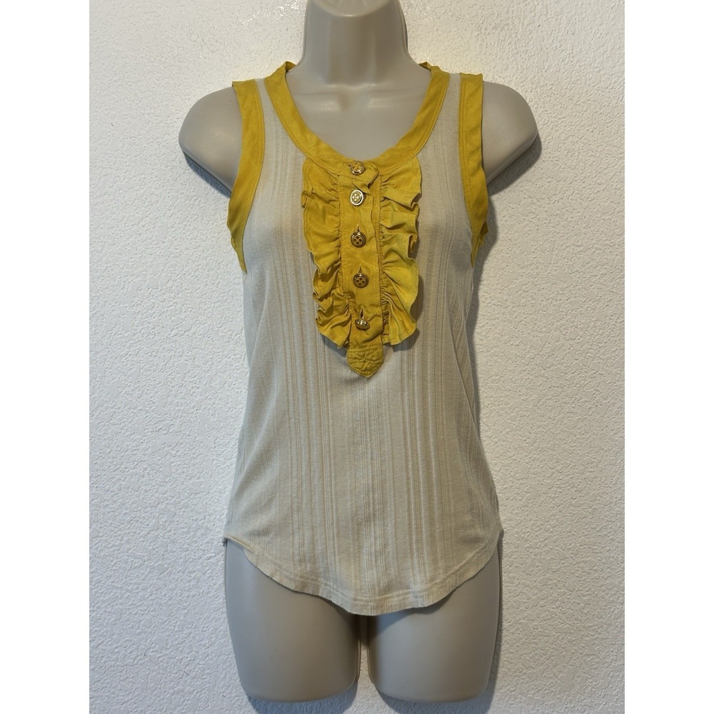 Marc by Marc Jacobs Women Beige Rib Knit Sleeveless Yellow Ruffle Blouse Sz M